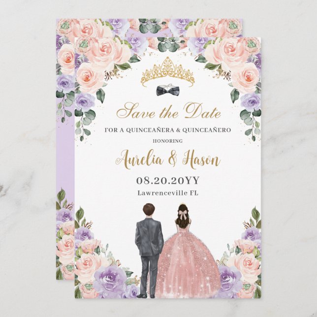 Reserve A Data Quinceañera Lilac Blush Floral Twinzinha Garota (Frente/Verso)