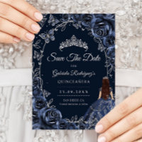 Quinceanera Marinha Borboletas Prateadas Rosas