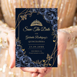 Reserve A Data Quinceanera Navy Blue Gold Floral Butterfly