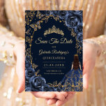 Reserve A Data Quinceanera Navy Gold Butterflies Roses<br><div class="desc">Navy and gold Quinceanera celebration save the date card. Features brunette girl in ball gown dress,  silver butterflies,  watercolor roses tiara and script font. Perfect for an elegant princess style glam celebration. Personalize with your own details. Printed Zazzle cards or instant download digital printable template.</div>