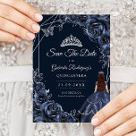 Reserve A Data Quinceanera Navy Silver Butterflies Roses<br><div class="desc">Navy and silver Quinceanera celebration save the date card. Features brunette girl in ball gown dress,  silver butterflies,  watercolor roses tiara and script font. Perfect for an elegant princess style glam celebration. Personalize with your own details. Printed Zazzle cards or instant download digital printable template.</div>