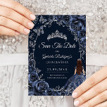 Reserve A Data Quinceanera Navy Silver Butterflies Roses<br><div class="desc">Navy and silver Quinceanera celebration save the date card. Features brunette girl in ball gown dress,  silver butterflies,  watercolor roses tiara and script font. Perfect for an elegant princess style glam celebration. Personalize with your own details. Printed Zazzle cards or instant download digital printable template.</div>
