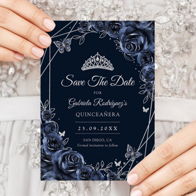 Reserve A Data Quinceanera Navy Silver Floral (Criador carregado)