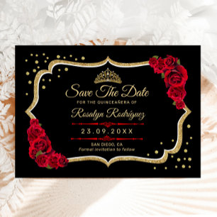 Reserve A Data Quinceanera Preto Vermelho Dourado Floral