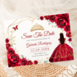Reserve A Data Quinceanera Princess Red Roses Gold<br><div class="desc">Red,  gold and white princess style Quinceanera celebration save the date. Features,  brunette girl in ball gown dress script font,  gold butterflies,  watercolor roses and tiara. Perfect for an elegant princess style glam celebration. Personalize with your own details. Printed Zazzle cards or instant download digital printable template.</div>