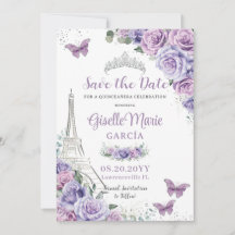 Quinceañera Purple Floral Paris Eiffel Borboletas
