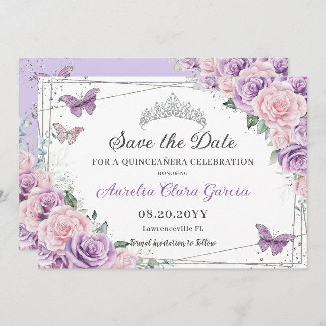 Reserve A Data Quinceañera Purple Lilac Pink Floral Sweet Sessent (Frente/Verso)