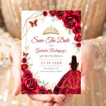 Reserve A Data Quinceanera Red Roses Dress Gold<br><div class="desc">Red,  gold and white Quinceanera celebration save the date. Features,  brunette girl in ball gown dress script font,  gold butterflies,  watercolor roses and tiara. Perfect for an elegant princess style glam celebration. Personalize with your own details. Printed Zazzle cards or instant download digital printable template.</div>