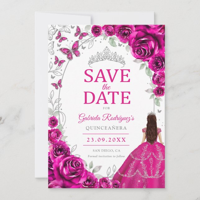 Reserve A Data Quinceanera Rosa Fuchsia Prata Floral (Frente)