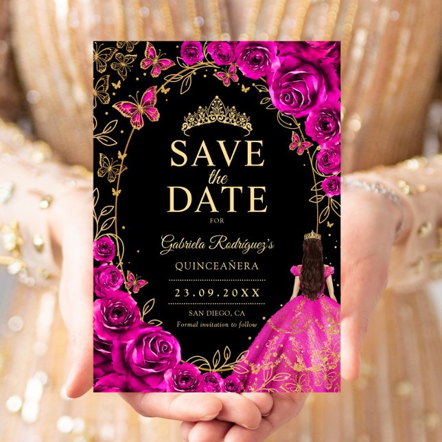 Reserve A Data Quinceanera Rosa Fuchsia Preto Dourado (Criador carregado)