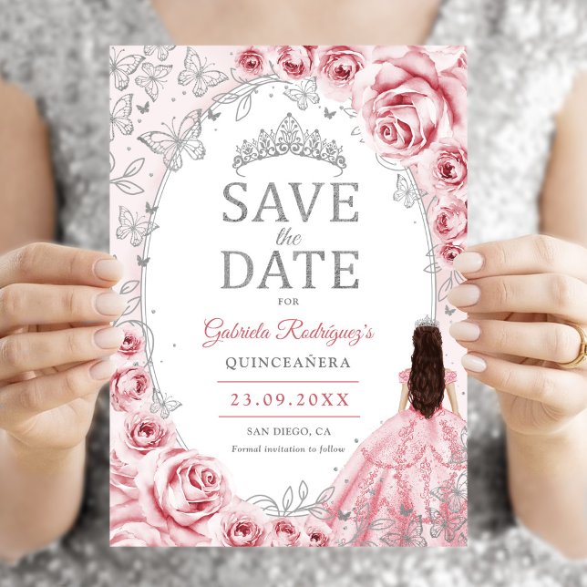 Reserve A Data Quinceanera Rosa Prata Floral (Criador carregado)