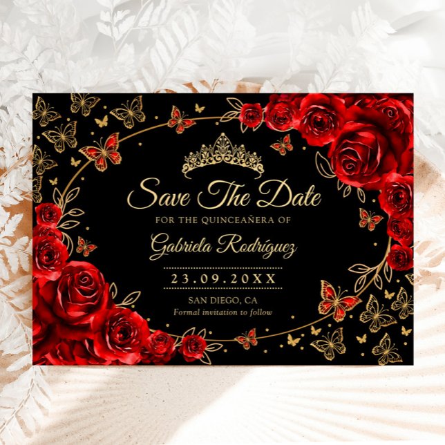 Reserve A Data Quinceanera Rosas Pretas Vermelhas Douradas (Criador carregado)