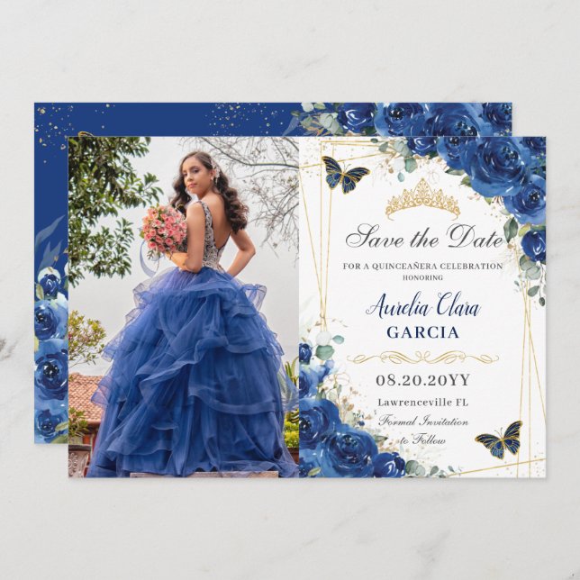 Reserve A Data Quinceañera Royal Blue Floral Butterflies Aniversá (Frente/Verso)