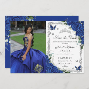 Reserve A Data Quinceañera Royal Blue Floral Vintage Foto pratead