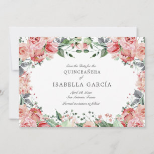 Reserve A Data Quinceañera, Script Floral Rosa Elegante