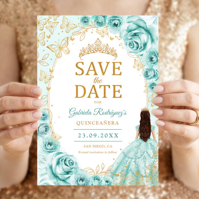 Reserve A Data Quinceanera Turquesa Dourado Floral (Criador carregado)