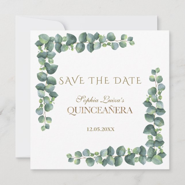 Reserve A Data Quinceañera Única do Foliage Eucalyptus Dourado (Frente)