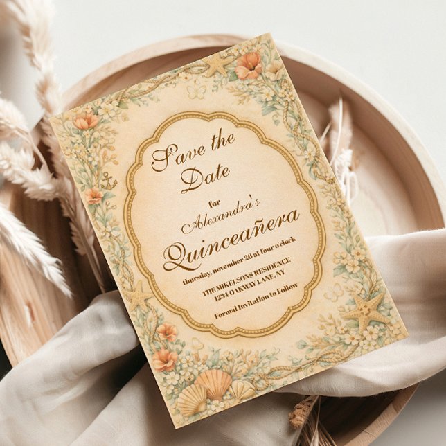 Reserve A Data Quinceañera Vintage Costeira de Conchas (Criador carregado)