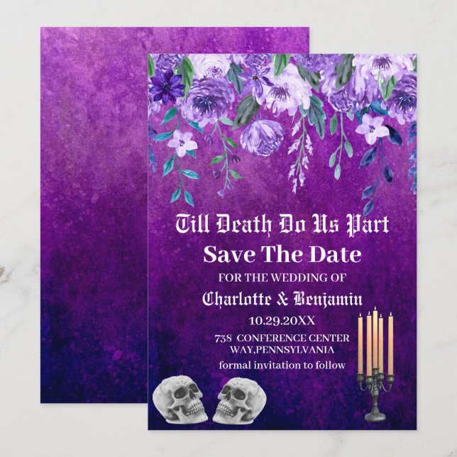 Reserve A Data Rabo de Caveira Roxo Salve a Data Casamento de Hal (Frente/Verso)