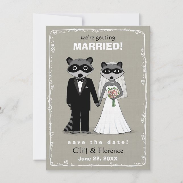 Reserve A Data Raccoons Wedding Date (Cinza quente) (Frente)