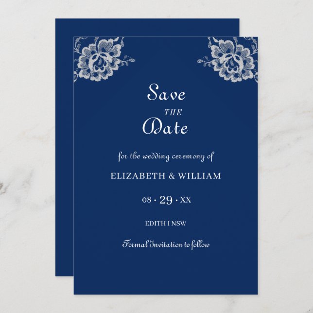 Reserve A Data Raios Florais Elegantes no Casamento Azul Marinho (Frente/Verso)