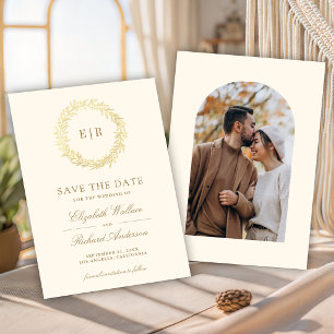 Reserve A Data Ramo de Folha de Ouro Creme Fotografia de Casament