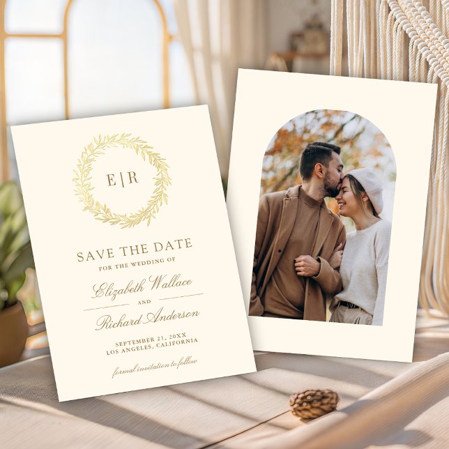 Reserve A Data Ramo de Folha de Ouro Creme Fotografia de Casament (Criador carregado)