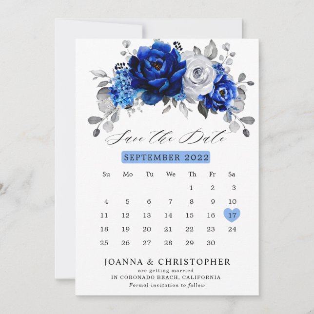 Reserve A Data Real Blue White Silver Calendário Metálico Floral  (Frente)