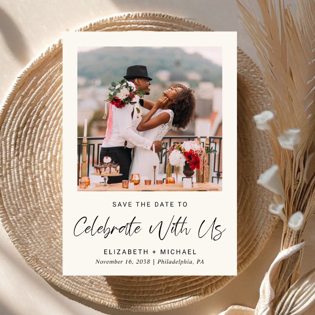 Reserve A Data Recepção de casamento Chic Photo Cream (A chic Save The Date photo announcement for a post-wedding reception to celebrate your marriage)