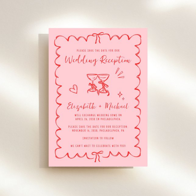 Reserve A Data Recepção de Casamento com Moldura Ondulada Caprich (Fun wedding reception save the date featuring whimsical hand drawn wine glasses with hearts + bows)
