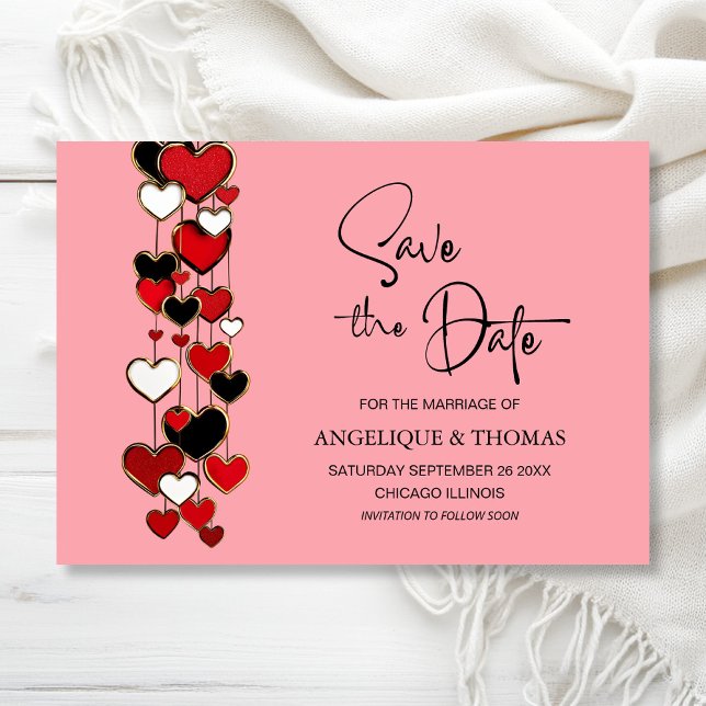 Reserve A Data Red and Black Hearts Wedding Save the Date (Criador carregado)
