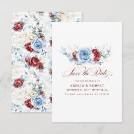 Reserve A Data Red and Dusty Blue Floral Save the Date