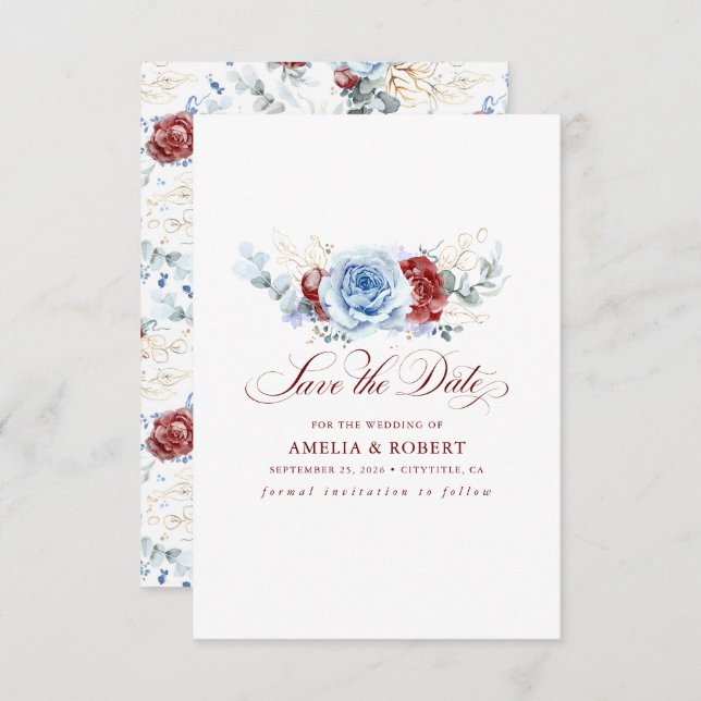 Reserve A Data Red and Dusty Blue Floral Save the Date (Frente/Verso)