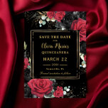 Reserve A Data Red Black Rosas Quinceanera Dourada Floral Doce 16<br><div class="desc">Personalize esta elegante Quinceanera / Doce 16 Aniversário, salve a data fácil e rapidamente. Basta clicar no botão Editar usando ferramentas de Design para editar o texto, alterar as fontes e as cores das fontes. Apresentando belos rosas vermelhos e negros vibrantes florais contra um fundo preto escuro. Também disponível em...</div>