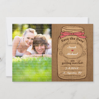 Reserve A Data Red Gingham e Burlap Mason Jar Foto Salve a Data