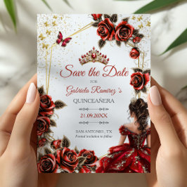 Reserve A Data Red Golden Tiara Roses Butterfly Quinceañera