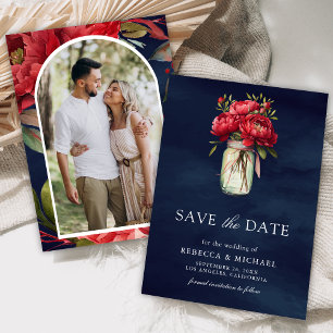 Reserve A Data Red Peony Floral Mason Jar Marinho Blue Casamento 