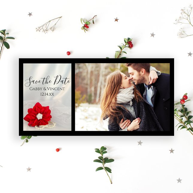 Reserve A Data Red Poinsettia Pérolas Casamento no inverno Salvar (Announce your December wedding date with the festive Poinsettia and Pearls Save the Date Photo Card.)
