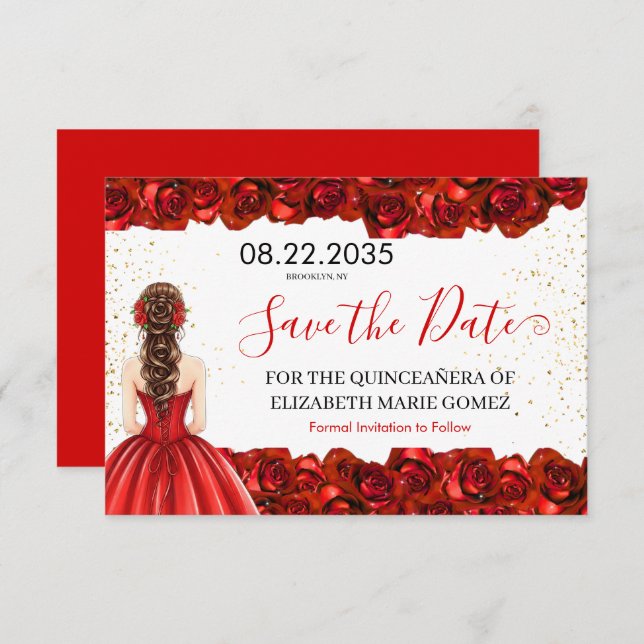 Reserve A Data Red Rose Quinceañera Save the Date Card (Frente/Verso)