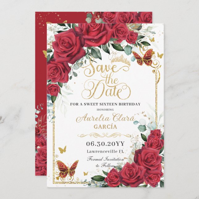 Reserve A Data Red Roses Gold Butterflies Quinceanera Sweet 16  (Frente/Verso)