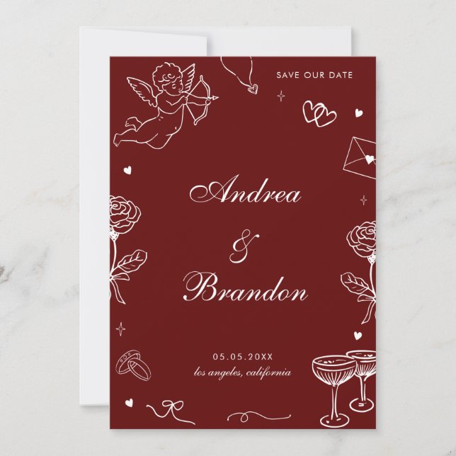 Reserve A Data Red Whimsical Hand Drawn Fun Scribble Wedding (Frente)