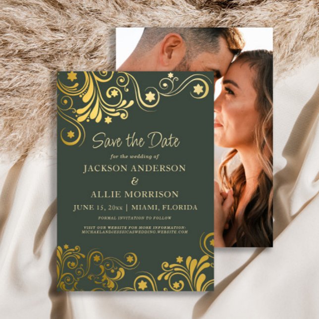 Reserve A Data Redemoinho Dourado Verde Escuro Foto Casamento (Dark green and gold wedding Save the Date photo card)