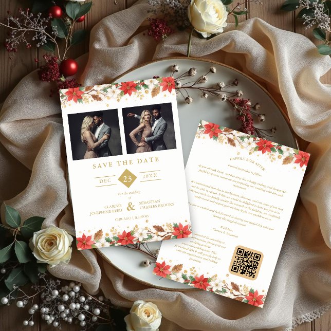Reserve A Data Refined Classic Christmas Garland Wedding (Refined Sophisticated Classic Christmas Garland Wedding Save the Date Cards with Two Photos and Back)