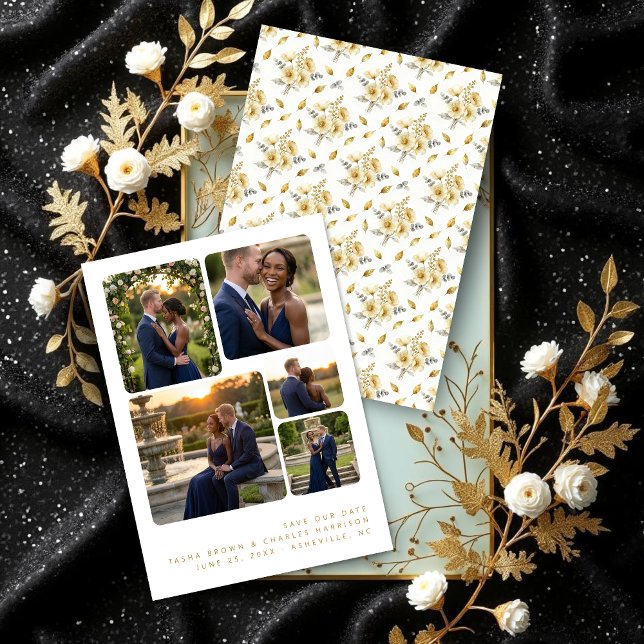 Reserve A Data Refined Minimalist 5-Photo Collage Wedding  (Refined Minimalist 5-Photo Collage Wedding Save the Date Card Design.)