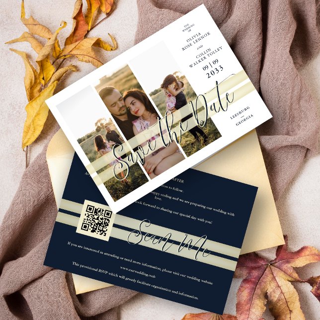 Reserve A Data Refined Navy & Gold Elegant Script 3 Multi Photos (Refined Navy and Faux Gold Elegant Script 3 Multi Photos Save the Date Card with Envelope)