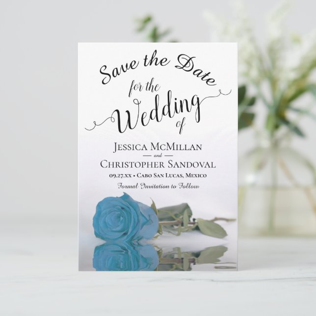 Reserve A Data Refletindo Casamento Romântico Rosa Azul Turquesa (Em pé/Frente)