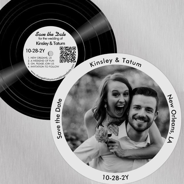 Reserve A Data Registro de vinil Foto para salvar a data da Cinza (Vinyl record paper save the date with your photo. Soft grey label)