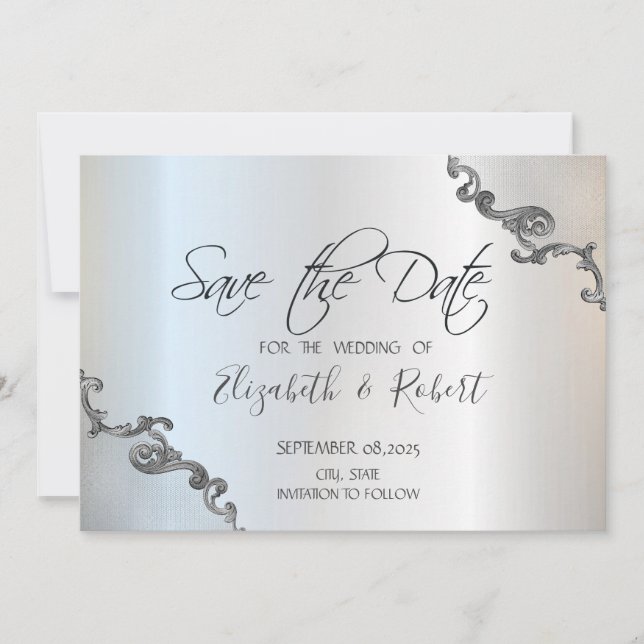 Reserve A Data Renda Antiga Borda Casamento Prata Salve A Data (Frente)