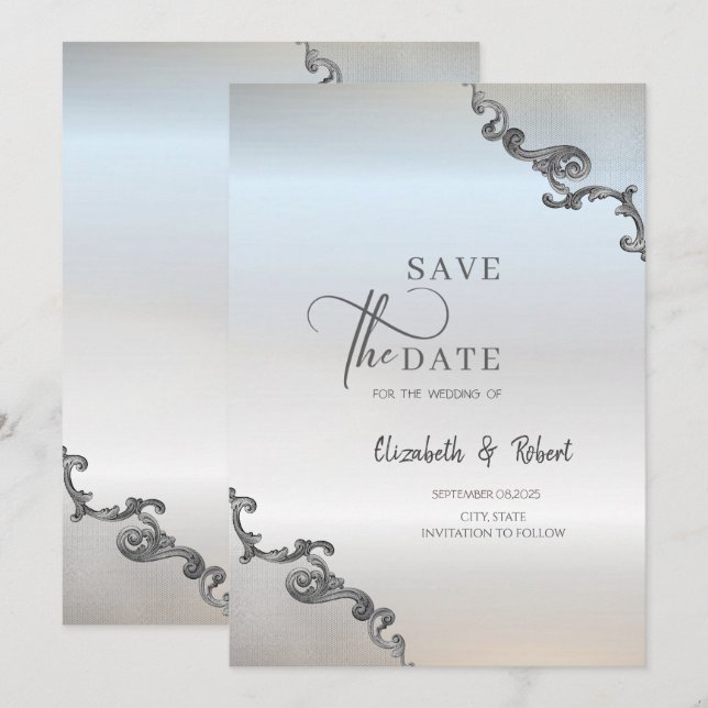 Reserve A Data Renda Antiga Borda Casamento Prata Save The Date (Frente/Verso)