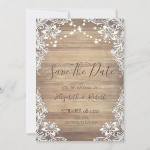 Reserve A Data Renda Branca, Textura de Madeira, Luzes Save The D